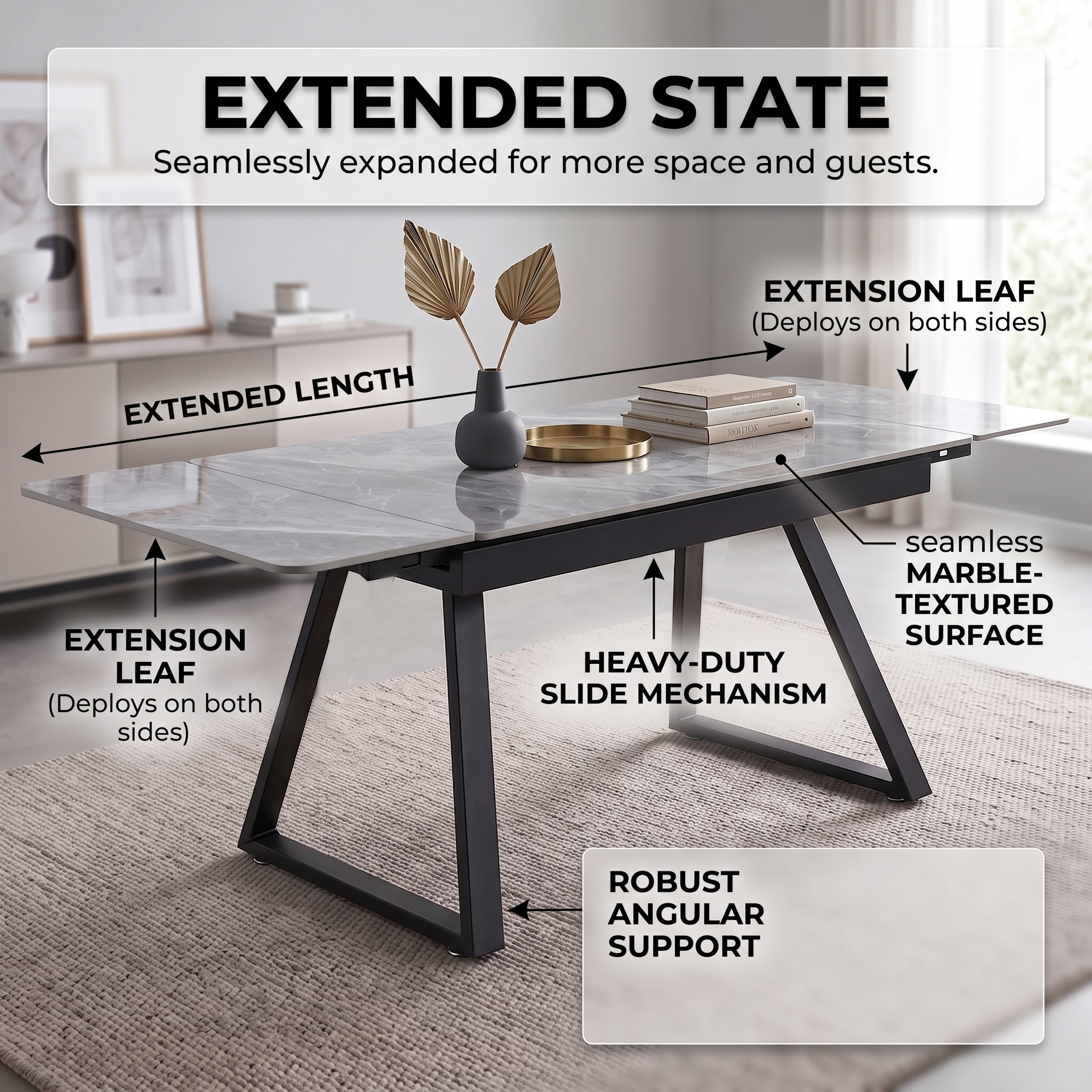 Dubai Grey Extendable Ceramic Dining Table – 140cm–220cm - Image 6