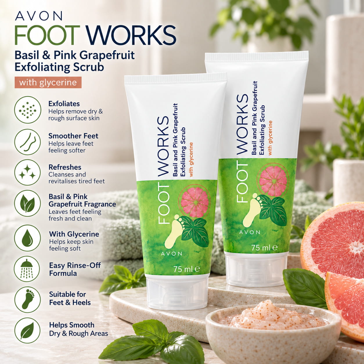 2x Avon Foot Works Basil & Pink Grapefruit Exfoliating Foot Scrub 75ml - Image 4