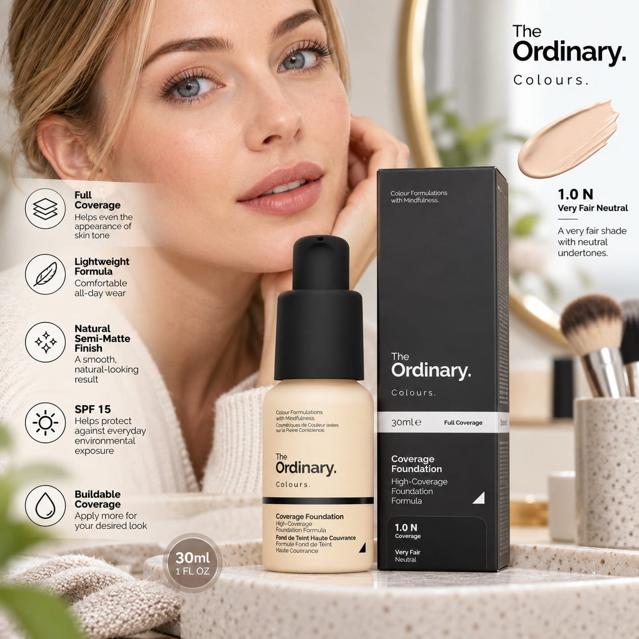 The Ordinary Coverage Foundation 1.0N Very Fair Neutral SPF15 Make Up 30ml - Image 3